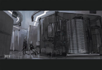 1boy 1girl ahoge animal_ear_fluff animal_ears animal_nose at_computer boots cable cat_boy cat_ears cat_girl cat_tail ceiling_light commentary computer crt denchou english_commentary film_grain fluorescent_lamp furry furry_female furry_male glass greyscale highres indoors laboratory letterboxed looking_at_screen medium_hair miniskirt monitor monochrome multiple_monitors object_focus original painterly reflective_floor skirt spot_color tail very_wide_shot