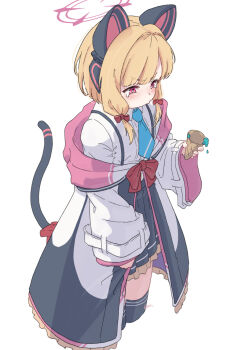 1girl :t alpaca_(alpaca00011) animal_ear_headphones animal_ears blonde_hair blue_archive blue_necktie blunt_bangs blush bow cat_ear_headphones cat_ears crying fake_animal_ears fake_tail food hair_bow halo headphones highres holding holding_food holding_ice_cream ice_cream jacket long_sleeves looking_down low-tied_sidelocks momoi_(blue_archive) necktie pink_halo red_bow sad school_uniform shirt short_hair sidelocks solo tail tail_bow tail_ornament tearing_up tears v-shaped_eyebrows white_background white_shirt wide_sleeves