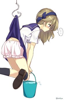 ... 1girl amagai_tarou ass blonde_hair bloomers blue_headband blue_sailor_collar blush bow bow_hairband brown_footwear bucket clothes_lift fairy_(kancolle) female_focus from_behind hair_ornament hairband hanging headband hook kantai_collection sailor_collar school_uniform short_sleeves signature skirt skirt_lift socks solo speech_bubble tears torpedo_bulge_(kancolle) underwear water white_background