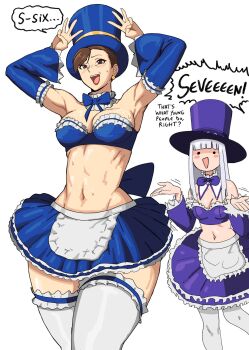 67_(meme) apron arms_up breasts brown_hair capcom capcom_fighting_jam chun-li cosplay detached_sleeves english_text frilled_skirt frills hat highres ingrid_(capcom) ingrid_(capcom)_(cosplay) ingrid_(midnight_bliss)_(capcom) large_breasts mature_female medium_breasts meme midnight_bliss miniskirt octavius_(octavius_dp) purple_hat skirt street_fighter street_fighter_6 toned toned_female top_hat waist_apron white_hair