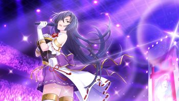 Rule 34 | 1girl, back bow, black hair, bow, breasts, cowboy shot, elbow gloves, floating hair, game cg, gloves, hair over one eye, holding, holding microphone, idol clothes, large breasts, long hair, looking at viewer, microphone, music, official art, open mouth, orange eyes, origami yukari, overskirt, purple bow, purple skirt, singing, skirt, solo, stage, stage lights, standing, thighhighs, toji no miko, toji no miko: kizamishi issen no tomoshibi, very long hair, white gloves, white skirt, white thighhighs, zettai ryouiki