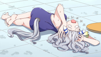 Rule 34 | 1girl, animal ears, ass, barefoot, blue one-piece swimsuit, breasts, grey hair, hiro (pqtks113), hishi miracle (umamusume), horse ears, horse tail, long hair, lying, o o, one-piece swimsuit, open mouth, solo, swimsuit, tail, toes, tracen swimsuit, trembling, umamusume