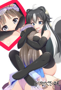 Rule 34 | 2girls, ahoge, animal ears, ass, atelier (series), atelier totori, between breasts, black gloves, black hair, black shirt, black thighhighs, blue dress, blue eyes, boots, breasts, brown hair, character request, cleavage, clothes lift, commission, dress, dress lift, drooling, elbow gloves, face between breasts, gloves, grey eyes, hands on another's head, head between breasts, highres, hug, large breasts, leg wrap, legs, leotard, lifting another's clothes, long hair, mogura2009, multicolored hair, multiple girls, open mouth, pink leotard, saliva, shirt, sitting, skeb commission, skunk ears, skunk girl, skunk tail, smile, tail, thigh boots, thighhighs, thighs, totooria helmold, two-tone hair, white hair