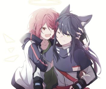 2girls ahoge arknights arm_grab black_capelet black_gloves black_hair capelet chinese_commentary closed_mouth collarbone commentary_request detached_wings ear_piercing energy_wings exusiai_(arknights) fingerless_gloves gloves green_shirt halo hand_on_another's_head hibioes hug id_card jacket long_hair multiple_girls one_eye_closed penguin_logistics_(arknights) piercing raglan_sleeves red_eyes red_hair shirt short_hair texas_(arknights) white_jacket wings yellow_eyes