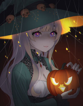 Rule 34 | 1girl, absurdres, blue dress, blue hat, breasts, character request, chloria77, cleavage, cleavage cutout, closed mouth, clothing cutout, commentary request, copyright request, dress, grey hair, halloween, hat, hat ornament, highres, holding, holding pumpkin, jack-o'-lantern, korean commentary, large breasts, long hair, long sleeves, looking at viewer, pumpkin, purple eyes, skull hat ornament, smile, solo, upper body, witch, witch hat