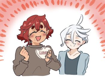 Rule 34 | 2girls, absurdres, be go ichi, black shirt, blush, brown shirt, candy, cardigan, chocolate, chocolate heart, closed eyes, closed mouth, commentary request, food, food on face, grey cardigan, gundam, gundam suisei no majo, heart, heart-shaped food, highres, jewelry, long hair, miorine rembran, multiple girls, open mouth, red hair, ring, shirt, short hair, smile, suletta mercury, thick eyebrows, wedding ring, white background, white hair, wife and wife, yuri