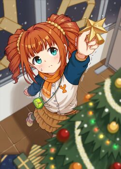 1girl absurdres aqua_eyes bag blunt_bangs blurry blurry_background blurry_foreground box christmas_ornaments christmas_star christmas_tree curtained_hair depth_of_field drill_hair from_above gift gift_box hair_ornament hair_scrunchie handbag highres idolmaster idolmaster_(classic) idolmaster_million_live! idolmaster_million_live!_theater_days indoors jacket light_blush orange_hair orange_scarf orange_skirt raglan_sleeves reaching scarf scrunchie sizmaru11 skirt solo sweatdrop takatsuki_yayoi tile_floor tiles twin_drills twintails yellow_scrunchie