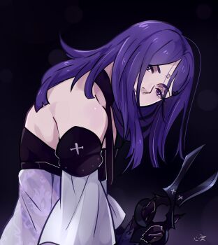 1girl bare_shoulders detached_sleeves drag-on_dragoon drag-on_dragoon_3 gloves hair_ornament hairclip kokomi_(aniesuakkaman) lips purple_eyes purple_hair purple_theme roman_numeral scissors solo three_(drag-on_dragoon) weapon