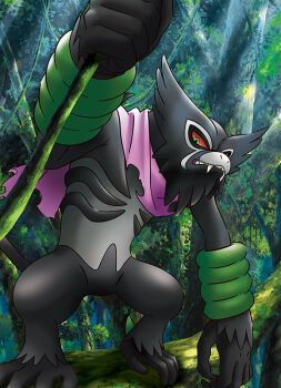 Rule 34 | artist request, colored sclera, fangs, gen 8 pokemon, green eyes, in tree, moss, mythical pokemon, nintendo, nostrils, official art, plant, pokemon, pokemon (anime), pokemon (creature), pokemon focus, pokemon the movie: secrets of the jungle, purple scarf, red sclera, scarf, solo, standing, teeth, third-party source, torn clothes, torn scarf, tree, vines, zarude, zarude (dada)