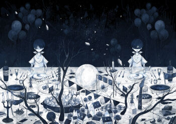 2boys alarm_clock apple arm_rest balloon bare_tree bib black_hair blindfold blue_theme bottle bowl building candle chessboard clock closed_mouth commentary_request covered_eyes crystal cup drinking_glass expressionless flag food fork fruit highres holding holding_fork holding_knife hosiiro knife male_focus moon multiple_boys open_mouth original plate shirt short_hair short_sleeves siblings t-shirt table transmission_tower tree twins white_shirt wine_bottle wine_glass