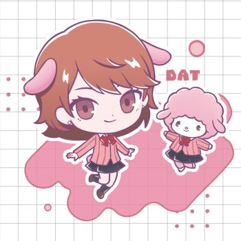 1girl 1other animal_ears artist_name black_skirt black_socks bow bowtie brown_eyes brown_hair brown_shoes cardigan checkered_background closed_mouth collared_shirt commentary cosplay da-cart earrings extra_ears full_body gekkoukan_high_school_uniform highres jewelry long_sleeves looking_at_viewer miniskirt my_sweet_piano onegai_my_melody persona persona_3 pink_cardigan pleated_skirt red_bow red_bowtie ribbed_cardigan sanrio school_uniform sheep sheep_ears shirt shoes short_hair skirt smile socks stud_earrings takeba_yukari takeba_yukari_(cosplay) white_shirt