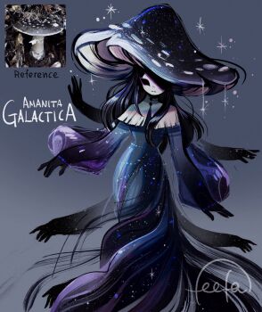 Rule 34 | 1girl, black hair, colored skin, commentary, dress, english commentary, english text, extra arms, feefal, full body, funguary, highres, long hair, monster girl, mushroom, mushroom girl, mushroom hat, object and personification, original, personification, photo inset, procreate (medium), reference inset, signature, simple background, solo