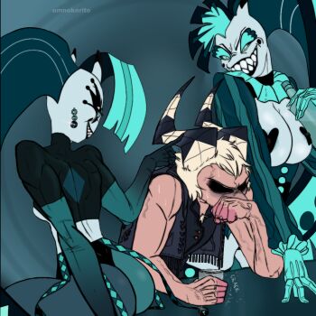 1boy 2girls aqua_background ass breasts cowboy_shot demon demon_boy demon_girl demon_horns evil_grin evil_smile glam_(helluva_boss) glitz_(helluva_boss) grin hellaverse helluva_boss horns large_breasts long_hair looking_at_another looking_down multiple_girls pale_skin ponytail sharp_teeth siblings sisters sitting smile striker_(helluva_boss) teeth twins umnokorito very_long_hair white_hair