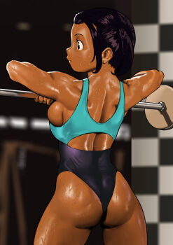 1girl arung_samudra_(cessa) ass barbell black_hair breasts cessa commentary cowboy_shot dark-skinned_female dark_skin english_commentary exercising flat_ass from_behind leotard muscular muscular_female ombok_diving_and_delivery_services profile sideboob solo sweat weightlifting