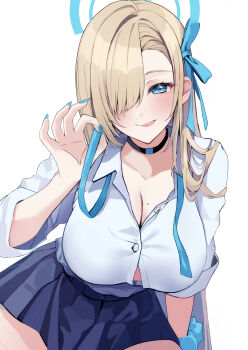 1girl absurdres asuna_(blue_archive) asuna_(school_uniform)_(blue_archive) blonde_hair blue_archive blue_eyes blue_ribbon blue_skirt breasts button_gap choker cleavage collarbone fellatio_gesture hair_over_one_eye hair_ribbon highres holding holding_ribbon large_breasts long_hair looking_at_viewer mole mole_on_breast nakano_kura no_halo ribbon scrunchie shirt skirt sleeves_rolled_up solo tongue tongue_out very_long_hair white_shirt wrist_scrunchie