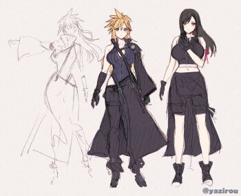 2girls blonde_hair blue_eyes boots breasts cleavage closed_mouth cloud_strife commentary_request final_fantasy final_fantasy_vii final_fantasy_vii:_advent_children full_body genderswap genderswap_(mtf) high_collar highres large_breasts long_hair looking_at_viewer multiple_girls navel shirt simple_background sketch spiked_hair tifa_lockhart waist_cape yajiro_masaru