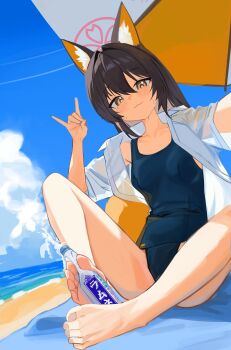 1girl :3 absurdres alternate_costume alternate_hair_length_(longer) animal_ear_fluff animal_ears beach beach_mat blue_archive blue_one-piece_swimsuit blue_sky breasts brown_hair cloud collared_shirt colored_inner_animal_ears commentary day eyeshadow fox_ears fox_girl fox_shadow_puppet fox_tail halo highres horizon izuna_(blue_archive) kupony long_hair looking_at_viewer makeup one-piece_swimsuit open_clothes open_shirt parasol pink_eyeshadow pink_halo ramune reaching reaching_towards_viewer selfie sexually_suggestive shirt simulated_footjob sitting sky small_breasts solo sweat swimsuit tail umbrella white_shirt yellow_eyes