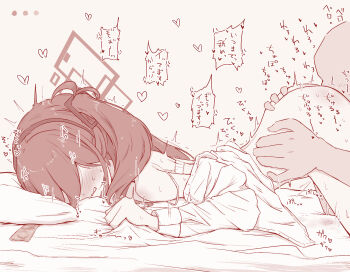 1boy 1girl ass blue_archive blush clenched_teeth commentary_request condom condom_packet_strip condom_wrapper cunnilingus faceless halo hetero highres kei_(blue_archive) long_hair monochrome niss_oekaki nose_blush one_side_up oral parted_lips rectangular_halo revision speech_bubble teeth top-down_bottom-up translation_request