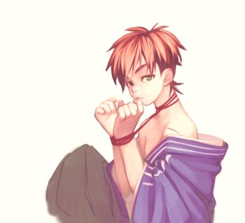 1boy bandaid bandaid_on_face bandaid_on_nose bound bound_wrists closed_mouth commentary custat english_commentary freckles green_eyes hakama japanese_clothes kimono male_focus nagakura_shinpachi_(peace_maker_kurogane) off_shoulder orange_hair peace_maker_kurogane purple_kimono short_hair solo undercut white_background