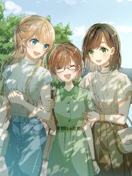 absurdres bag black_hair blonde_hair blue_eyes bob_cut brown_hair commission denim earrings glasses green_eyes handbag highres irene_(ricky_barnes) jeans jewelry maya_(ricky_barnes) mimi_(ricky_barnes) mother_and_daughter non-web_source original pants park ring rococomm123 skeb_commission tall_female wedding_ring wife_and_wife yuri