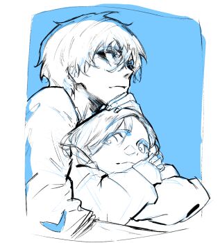 Rule 34 | 1boy, 1girl, bags under eyes, border, brother and sister, commentary, ellieaedon, english commentary, hand on another's head, heart, highres, hug, limited palette, looking to the side, rain (shadow slave), shadow slave, short hair, siblings, sunny (shadow slave), upper body, white border, worried