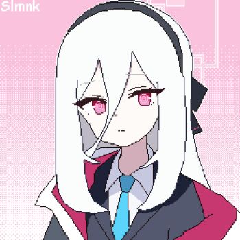 1girl black_hairband black_jacket blue_archive blue_necktie closed_mouth double-parted_bangs expressionless hair_between_eyes hairband halo hashtag-only_commentary highres jacket kei_(blue_archive) kei_(new_body)_(blue_archive) long_hair long_hair_between_eyes looking_at_viewer necktie pink_background pink_eyes pink_halo pixel_art rectangular_halo ringed_eyes slmnk10124 solo upper_body white_hair