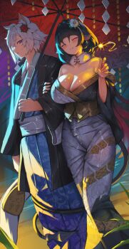 1boy 1girl 2025 absurdres alternate_costume animal_ears bare_shoulders black_hair blue_eyes blush breasts cat_boy cat_ears cleavage closed_eyes closed_mouth commentary english_commentary flower flower_on_head fur_collar hagoita hair_flower hair_intakes hair_ornament highres hirosenpai holding holding_another's_arm holding_umbrella jane_doe_(zenless_zone_zero) japanese_clothes kimono large_breasts long_tail medium_hair mouse_ears mouse_girl mouse_tail multicolored_kimono obi off_shoulder outdoors paddle sash seth_lowell shell_(company) short_hair smile standing tail tail_around_own_leg umbrella white_hair zenless_zone_zero