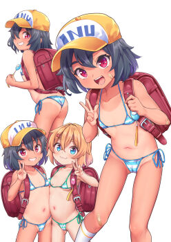 2girls :d ass backpack bag bandaid bandaid_on_knee bandaid_on_leg bare_arms bare_shoulders baseball_cap belt bikini black_hair blonde_hair blue_bikini blue_eyes blush breasts cameltoe crime_prevention_buzzer cropped_legs fang female_focus flat_chest front-tie_bikini_top front-tie_top grin hair_between_eyes hair_ornament hat highres hikari-chan_(kanabun) holding_strap kanabun kneehighs loli long_hair looking_at_viewer micro_bikini multiple_girls multiple_views navel one-piece_tan open_mouth original randoseru red_eyes school_bag school_hat short_hair shoulder_bag side-tie_bikini_bottom simple_background small_breasts smile socks standing string_bikini striped_bikini striped_clothes swimsuit tan tanline teeth v white_background yuuki-chan_(kanabun)