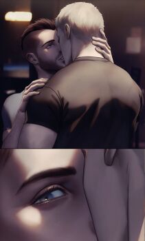 Rule 34 | 2boys, bara, black hair, black shirt, blonde hair, blue eyes, blurry, blurry background, call of duty, call of duty: modern warfare 2, facial hair, highres, incoming kiss, looking at another, male focus, multiple boys, muscular, muscular male, shirt, short hair, soap (modern warfare 2), yaoi, zhyphenth