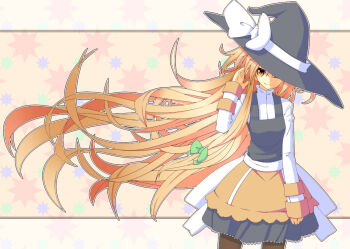 Rule 34 | 1girl, arm up, black dress, black hat, black pantyhose, blonde hair, bow, brown skirt, closed mouth, collared shirt, comiket 85, commentary request, covering one eye, dress, frilled skirt, frills, glee (monomi), green bow, hair bow, hat, hat bow, kirisame marisa, layered skirt, long hair, long sleeves, looking at viewer, outline, pantyhose, pinafore dress, shirt, skirt, sleeve cuffs, sleeveless, sleeveless dress, sleeves past wrists, smile, solo, star-shaped pupils, star (symbol), symbol-shaped pupils, touhou, very long hair, white outline, white shirt, witch hat, yellow eyes
