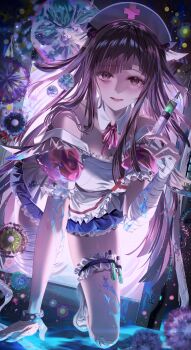 1girl absurdres bandaged_arm bandaged_leg bandages black_hair blue_liquid blue_skirt bow bowtie brown_eyes collar danganronpa:_trigger_happy_havoc danganronpa_(series) detached_collar detached_sleeves fingernails frilled_thigh_strap highres holding holding_syringe junpaku_karen long_hair lower_teeth_only miniskirt mole mole_under_eye open_mouth picture_frame pink_bow pink_bowtie shaded_face shirt skirt solo strapless strapless_shirt syringe tears teeth test_tube thigh_strap tongue tsumiki_mikan virus