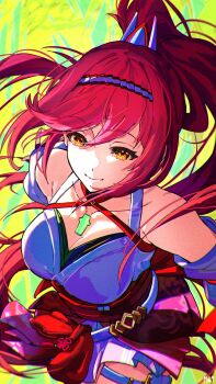 1girl abstract_background breasts cleavage closed_mouth commentary core_crystal_(xenoblade) glimmer_(xenoblade) high_ponytail highres large_breasts looking_at_viewer milo_monzon ponytail red_hair smile solo xenoblade_chronicles_(series) xenoblade_chronicles_3 xenoblade_chronicles_3:_future_redeemed yellow_eyes