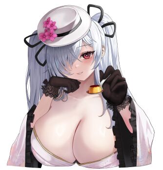 Rule 34 | 1girl, absurdres, alternate costume, black gloves, breasts, cinderella (nikke), cleavage, commentary, dessert, english commentary, floral print, floral print kimono, flower, food, gloves, goddess of victory: nikke, grey hair, hair over one eye, hat, hat flower, highres, holding, holding spoon, japanese clothes, kimono, lace, lace-trimmed gloves, lace trim, large breasts, le b2772, long hair, one eye covered, pink flower, print kimono, red eyes, ringed eyes, simple background, smile, solo, spoon, teeth, twintails, upper body, white background, white hat, white kimono