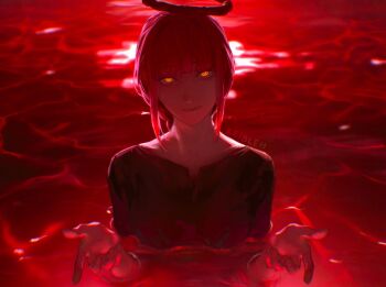 1girl black_dress blood chainsaw_man dress halo highres keibleh long_hair looking_at_viewer makima_(chainsaw_man) pool_of_blood red_hair red_halo sidelocks solo yellow_eyes