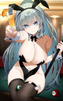 Rule 34 | 1girl, animal ear hairband, animal ears, bare shoulders, black bow, blue eyes, blush, bow, bowtie, braid, breasts, center opening, cleavage, clothing cutout, cocktail glass, commentary request, cup, detached collar, drinking glass, fake animal ears, fate/grand order, fate (series), grey hair, hair bow, hairband, half up braid, highres, holding, holding cup, large breasts, leotard, long hair, long sleeves, looking at viewer, ma ple, morgan le fay (fate), navel, pantyhose, playboy bunny, ponytail, rabbit ear hairband, rabbit ears, sidelocks, smile, solo, stomach cutout, strapless, strapless leotard, very long hair, white hair, wrist cuffs