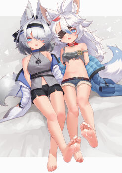 2girls absurdres animal_ears barefoot blue_eyes breasts chinese_commentary commentary_request eyepatch feet fox_ears fox_girl fox_tail highres karv large_variant_set multiple_girls original sexually_suggestive shorts soles suggestive_fluid tail toes variant_set