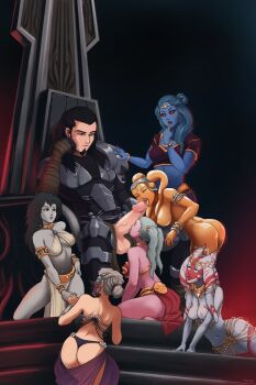 1boy 6+girls alien aqua_eyes aqua_hair armor artist_name ass back black_eyes black_hair blue_skin bracelet breasts chiss closed_mouth colored_sclera colored_skin commentary commission cooperative_fellatio english_commentary fellatio gem gold grey_eyes grey_hair grey_skin harem harem_outfit jewelry large_breasts large_penis lekku_(anatomy) licking licking_penis long_hair multiple_girls navel nipples open_mouth oral orange_skin penis pink_skin red_sclera roxy_rex sitting standing star_wars teamwork_(sexual) thighs togruta tongue tongue_out twi'lek twintails zeltron