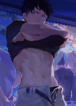 4boys abe_takaya absurdres baseball_uniform belt black_belt black_hair blue_eyes character_request commentary_request highres looking_at_viewer male_focus multiple_boys navel ookiku_furikabutte open_belt open_fly polypumb_fr short_hair solo_focus sportswear sweat towel towel_on_head undressing
