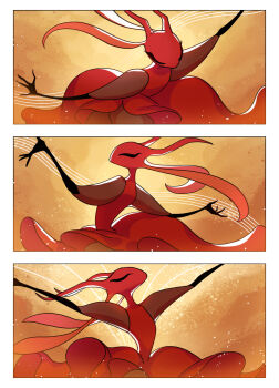 absurdres ant_girl antennae arthropod_girl closed_eyes colored_skin dancing dress highres hollow_knight hollow_knight:_silksong leafjuly outstretched_arms red_dress red_skin skarrsinger_karmelita_(hollow_knight)