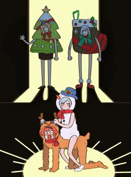 4girls all_fours animal_costume black_background blonde_hair blue_hat blush christmas_stocking christmas_tree_costume druvis_iii fake_antlers grey_hair hat highres horseback_riding jo_jun mercuria_(reverse:1999) multiple_girls no_eyes open_mouth pony_play red_shoes reindeer_costume reverse:1999 riding shadow shoes sitting sitting_on_person snowman_costume sonetto_(reverse:1999) standing sweat vertin_(reverse:1999) white_shoes