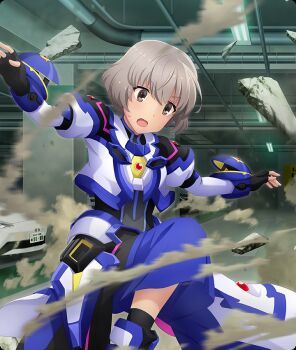 1girl :o armor black_gloves blue_armor blue_skirt brown_eyes car ceiling_light cosplay debris dot_nose dust_cloud feet_out_of_frame fingerless_gloves game_cg gem gloves grey_hair iwakura_sanae long_sleeves lyrical_nanoha magical_girl mahou_shoujo_lyrical_nanoha_detonation motor_vehicle official_art open_mouth outstretched_arms parking_garage red_gemstone short_hair skirt small_sweatdrop solo spread_arms standing standing_on_one_leg surprised takamachi_nanoha takamachi_nanoha_(cosplay) takamachi_nanoha_(formula_ii) third-party_source toji_no_miko toji_no_miko:_kizamishi_issen_no_tomoshibi white_car