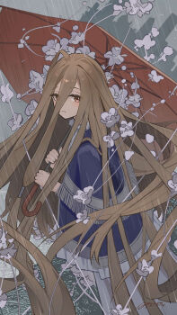 Rule 34 | 1girl, absurdly long hair, absurdres, ai dongdong, blue capelet, brown hair, capelet, closed mouth, floating hair, flower, hair between eyes, hair focus, highres, holding, holding umbrella, long bangs, long hair, looking at viewer, outdoors, prehensile hair, rain, sense (sousou no frieren), solo, sousou no frieren, standing, umbrella, very long hair, white flower
