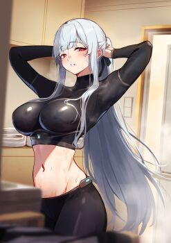 1girl 3_small_spiders absurdres adjusting_hair ak-12_(girls'_frontline) arms_behind_head arms_up black_ribbon blush breasts commentary_request girls'_frontline hair_ribbon highres indoors large_breasts long_hair looking_at_viewer navel red_eyes ribbon solo sweat tying_hair white_hair white_mouth