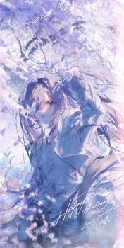 Rule 34 | 1girl, absurdres, blue eyes, bug, butterfly, commission, day, eyebrow piercing, eyelashes, face piercing, flower, hair intakes, hand up, highres, insect, lips, long hair, long sleeves, looking afar, mihuashi commission, nnk (nongnong), one eye covered, original, outdoors, parted lips, piercing, pink flower, purple butterfly, purple hair, purple theme, solo, sunlight, tree, twintails, watermark