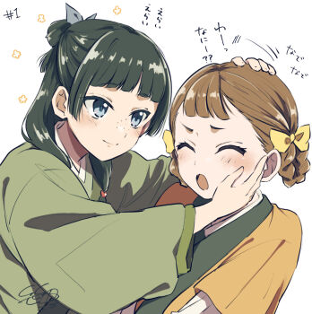 2girls :o blue_eyes blush bow braid braided_hair_rings brown_hair closed_eyes closed_mouth commentary_request freckles green_hair green_shirt hair_bow hair_rings hand_on_another&#039;s_face hand_on_another&#039;s_head kusuriya_no_hitorigoto long_sleeves looking_at_another maomao_(kusuriya_no_hitorigoto) medium_hair multiple_girls open_mouth orange_hanfu ponytail sasano-01 shirt short_bangs short_hair signature simple_background smile translation_request upper_body white_background xiaolan_(kusuriya_no_hitorigoto) yellow_bow