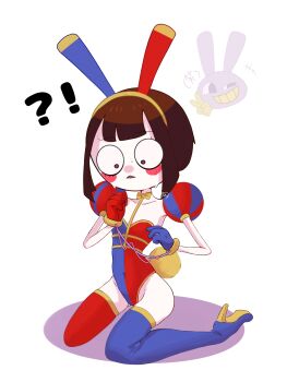 1girl absurdres animal_ears boots brown_hair glitch_productions handcuffed high_heel_boots high_heels highres leotard playboy_bunny pomni_(the_amazing_digital_circus) puffy_sleeves short_hair sleeved_leotard the_amazing_digital_circus thigh_boots