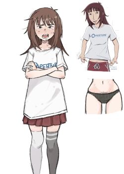 Rule 34 | 1girl, aperture laboratories, asymmetrical legwear, black panties, blush, borrowed character, breasts, brown hair, dirty, dirty clothes, female pubic hair, highres, jimiko, kara eklund, long hair, messy hair, mismatched legwear, mole, mole under eye, original, panties, pleated skirt, portal (series), pubic hair, simple background, skirt, small breasts, sweat, underwear, white background, zlix0n