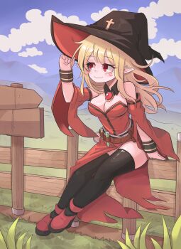 1girl absurdres belt belt_pouch black_hat black_thighhighs blonde_hair bracer breasts character_request closed_mouth cloud cross detached_collar detached_sleeves dress dungeon_and_fighter female_mage_(dungeon_and_fighter) fence grass hand_on_headwear hat highres hill hwaryeok large_breasts long_hair outdoors potion pouch red_eyes red_footwear sidelocks sitting_on_fence solo strapless strapless_dress tall_grass thighhighs witch_hat wooden_fence