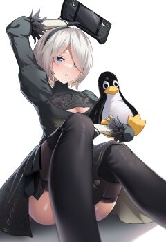 1girl 2b_(nier:automata) absurdres animal arm_up back_cutout bird black_dress black_hairband black_thighhighs breasts cleavage_cutout clothing_cutout commentary commission dress english_commentary feather-trimmed_sleeves feather_trim gloves hairband handheld_game_console highres holding holding_animal holding_handheld_game_console juliet_sleeves linux logo long_sleeves mole mole_under_mouth nier:automata nier_(series) no_blindfold open_mouth parted_lips penguin pixiv_commission product_placement puffy_sleeves seori short_hair simple_background sitting solo steam steam_deck thighhighs tux white_background white_hair