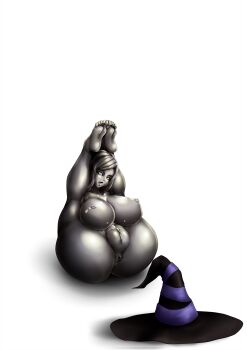 Rule 34 | 1girl, absurdres, anus, arms behind back, ass, barefoot, black hat, breasts, cleavage, collarbone, colored eyelashes, colored nipples, colored sclera, colored skin, colored tongue, completely nude, dragon's crown, fat mons, feet above head, folded, forehead, grey hair, grey nipples, grey sclera, grey skin, grey tongue, hat, highres, huge breasts, large variant set, legs over head, long hair, metal skin, navel, ningyoushi, nipples, no areolae, no irises, no pupils, nude, open mouth, parted bangs, petrification, puckered anus, pupiless eyes, pussy, raised eyebrows, shadow, simple background, solid eyes, solo, sorceress (dragon's crown), statue, swept bangs, thick eyelashes, thighs, tongue, tongue out, transformation, unworn hat, unworn headwear, variant set, white background, witch hat